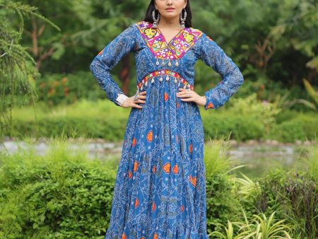 Lorenvalley Rama Faux Georgette Bandhani Print Work With Kutchi Patch Work Gown Online