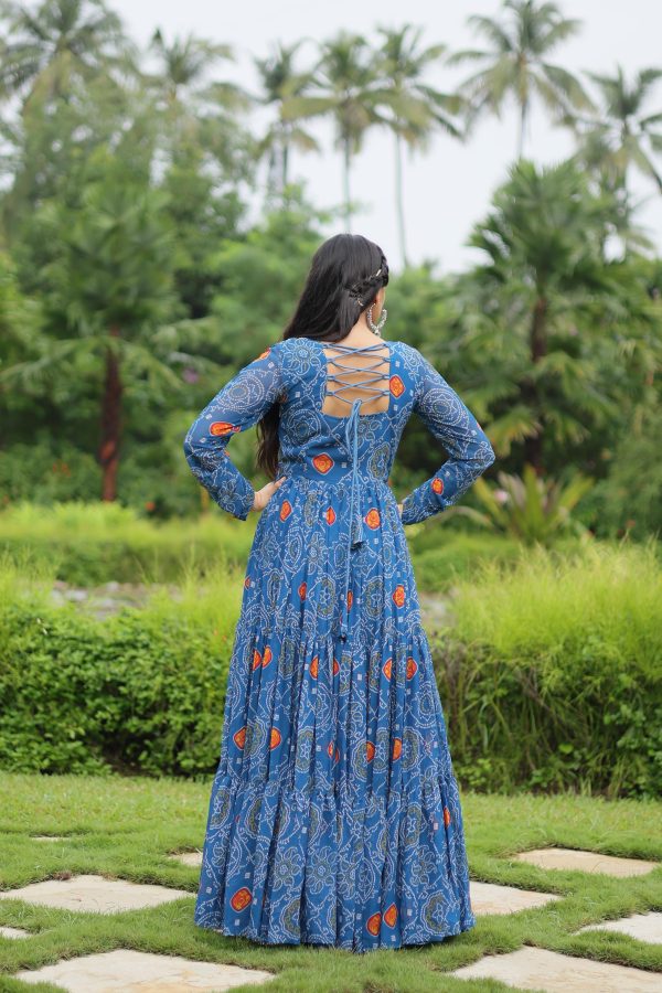 Lorenvalley Rama Faux Georgette Bandhani Print Work With Kutchi Patch Work Gown Online