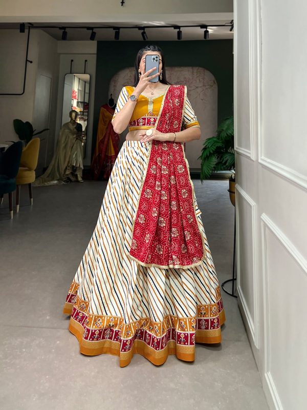 Lorenvalley White And Red Pure Cotton Leheriya With Patola Print Lehenga Choli With Dupatta Supply