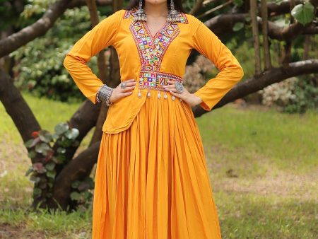 Lorenvalley Yellow Rayon Fabric With Kutchi Gamthi Work Gown Online Sale