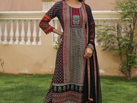 Juniper Women s Black Ethnic Motif Printed Rayon Kurta Palazzo And Dupatta With Mirror & Thread Work Discount