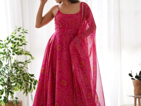 Lorenvalley Women Soft Chiffon Bandhej Fabric Print Fully Flair Anarkali With Pant Dupatta Set - Magenta Online