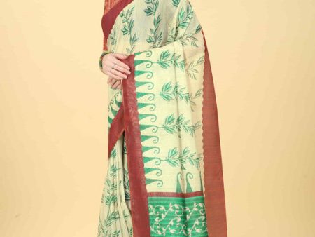 Beige Cotton Blend Printed Floral Saree with Unstitched Blouse - Hiral Fashion For Discount