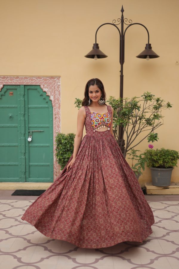 Lorenvalley Maroon Printed Cotton With Kutchi Gamthi Work and Kodi Lace Gown For Cheap