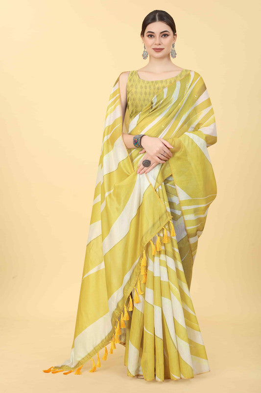 Yellow Cotton Blend Printed Striped Saree with Unstitched Blouse - Hiral Fashion For Cheap