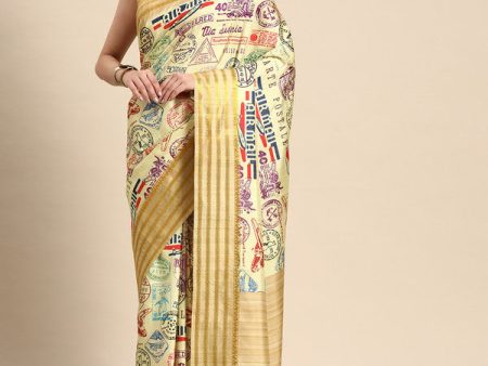 Beige Art Silk Printed Embellished Saree with Unstitched Blouse - Hiral Fashion Hot on Sale