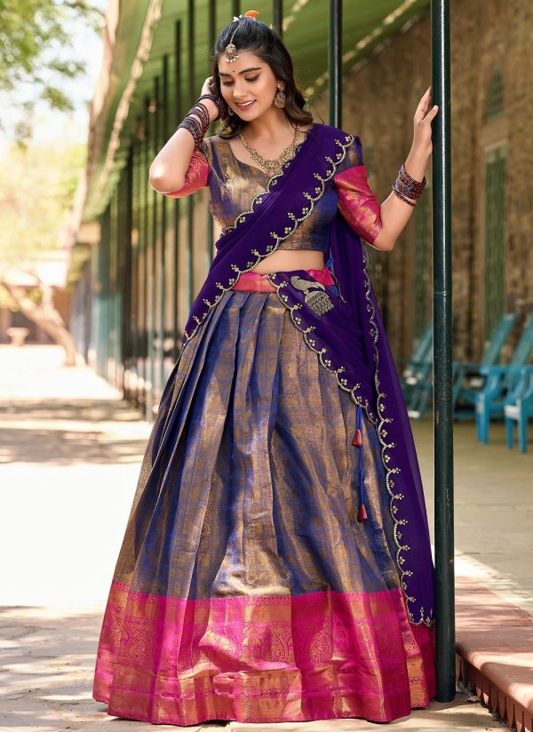 Lorenvalley Blue Kanjivaram Silk Zari Weaving Lehenga Choli with Dupatta For Sale