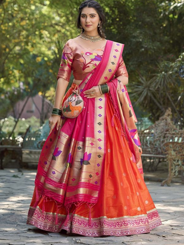 Lorenvalley Orange Jacquard Silk Paithani Weaving Zari Lehenga Choli with Dupatta For Cheap