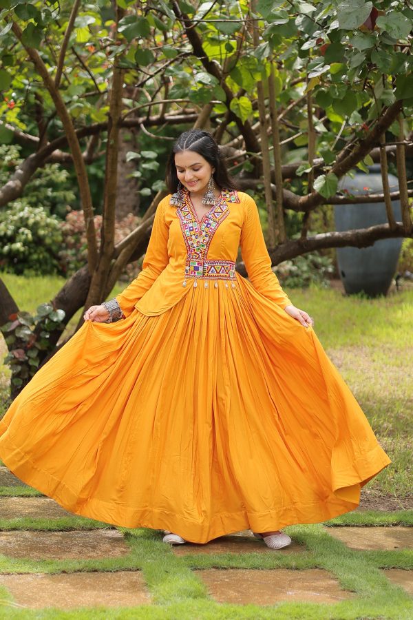 Lorenvalley Yellow Rayon Fabric With Kutchi Gamthi Work Gown Online Sale