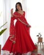 Lorenvalley Women Georgette Anarkali Gown Duppta Full Set With Pent Ready To Wear - Red Supply