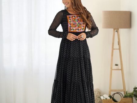 Lorenvalley Women Pure Soft Faux Georgette Leheriya Print Anarkali Gown - Black Sale