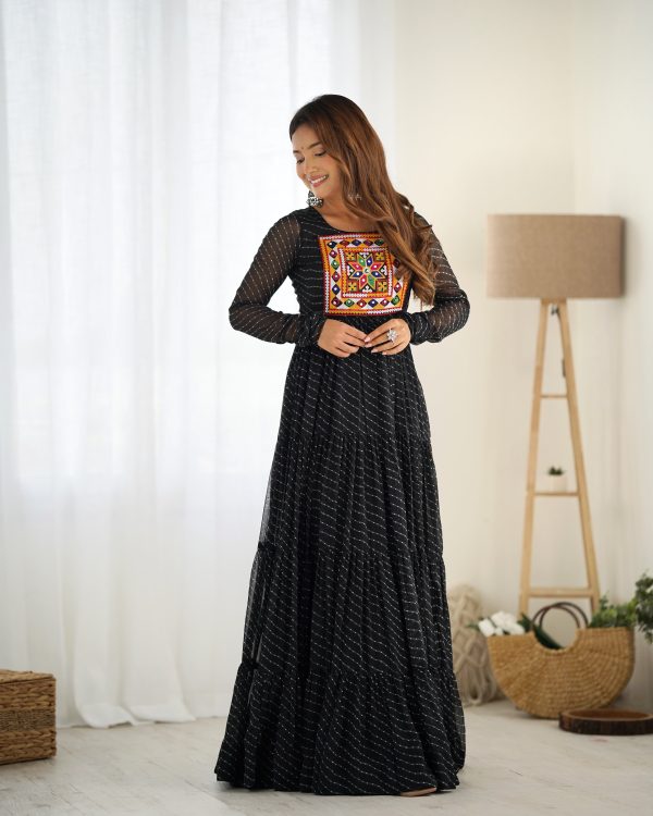 Lorenvalley Women Pure Soft Faux Georgette Leheriya Print Anarkali Gown - Black Sale