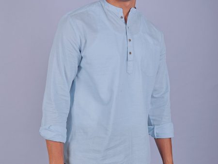 Bluebird Men s Short Kurta in Sky Blue - 100% Pure Cotton on Sale