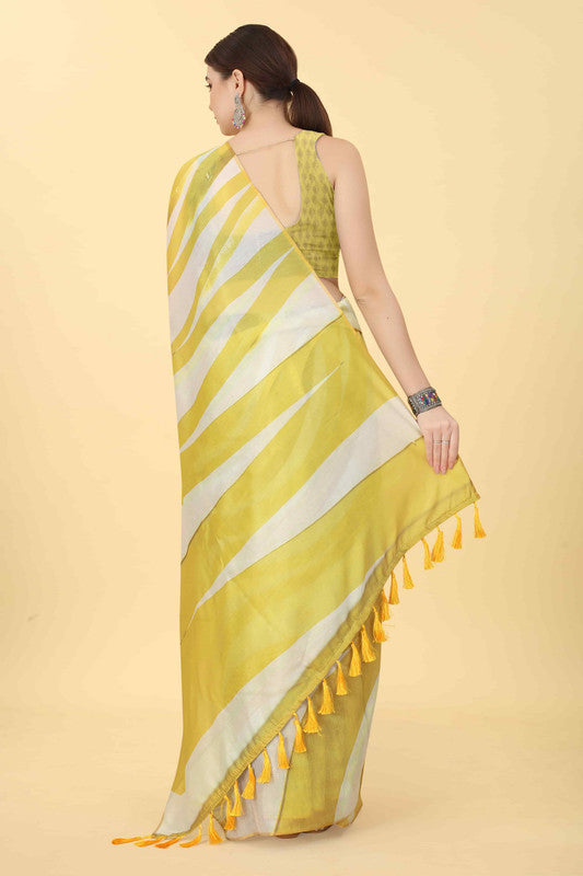 Yellow Cotton Blend Printed Striped Saree with Unstitched Blouse - Hiral Fashion For Cheap