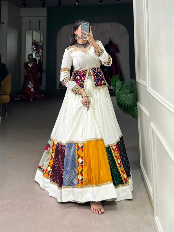 Lorenvalley White Rayon Plain With Embroidery And Gamthi Patch Work Lehenga Choli Cheap