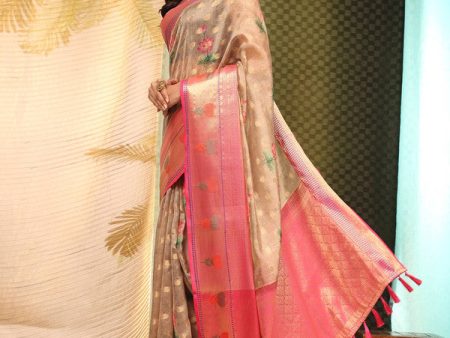 Beige Art Silk Digital Print Floral Saree with Unstitched Blouse - Hiral Fashion Online