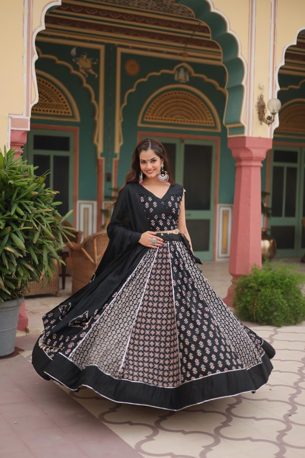 Lorenvalley Black Rayon Gota Patti Lace Printed Kali Pattern Lehenga Choli with Dupatta Supply