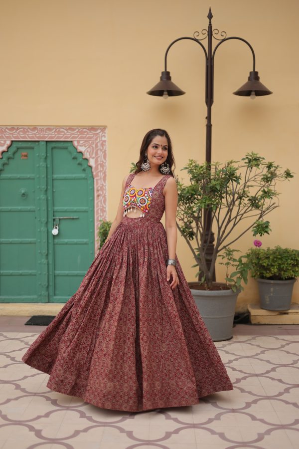 Lorenvalley Maroon Printed Cotton With Kutchi Gamthi Work and Kodi Lace Gown For Cheap