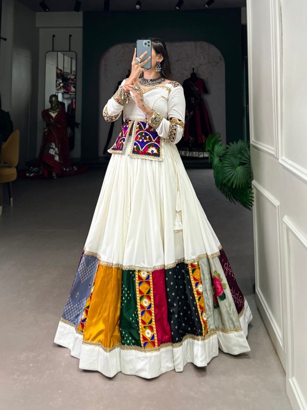 Lorenvalley White Rayon Plain With Embroidery And Gamthi Patch Work Lehenga Choli Cheap