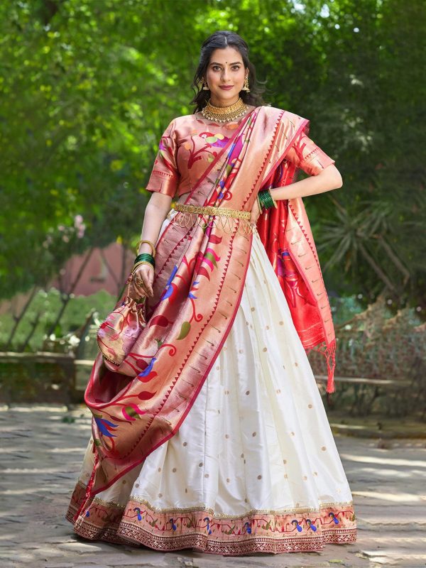 Lorenvalley White Jacquard Silk Paithani Weaving Zari Lehenga Choli with Dupatta Supply