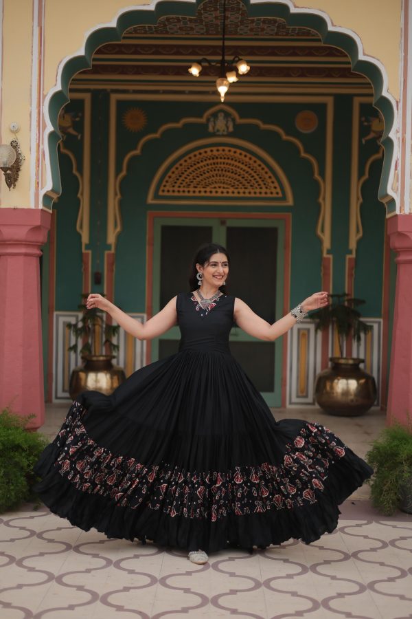 Lorenvalley Black Rayon Fabric with Printed Attached In Frill And Neck Gown Online Hot Sale