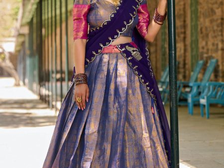 Lorenvalley Blue Kanjivaram Silk Zari Weaving Lehenga Choli with Dupatta For Sale