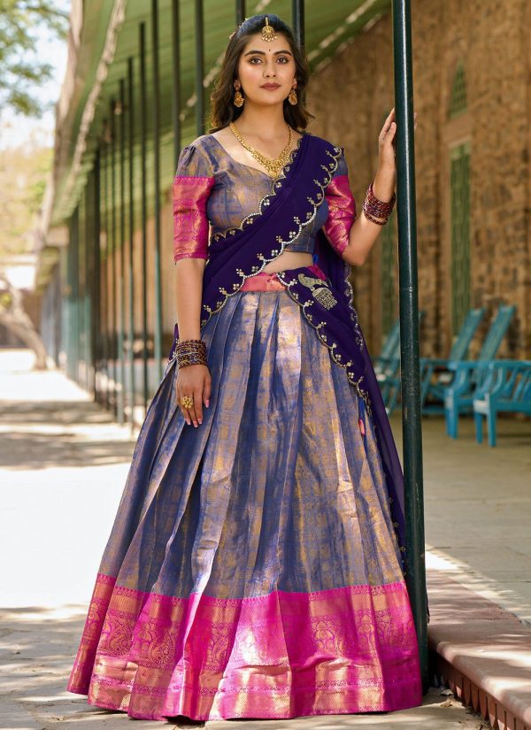 Lorenvalley Blue Kanjivaram Silk Zari Weaving Lehenga Choli with Dupatta For Sale