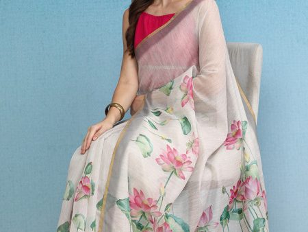 Beige Cotton Blend Digital Print Floral Saree with Unstitched Blouse - Hiral Fashion Online now