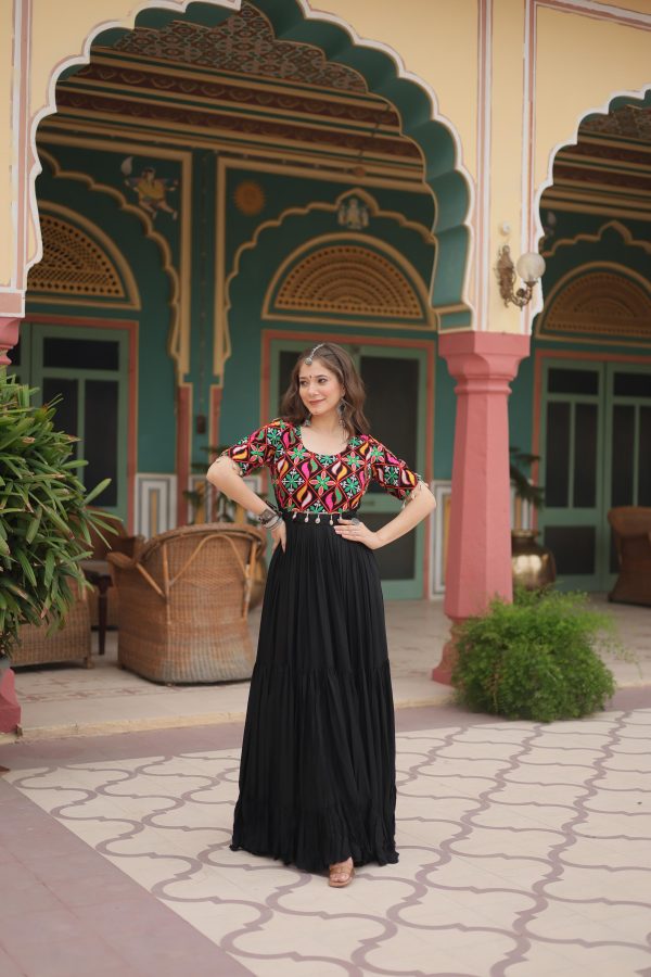 Lorenvalley Black Rayon Fabric with Kutchi Gamthi Kodi work Gown Online Sale