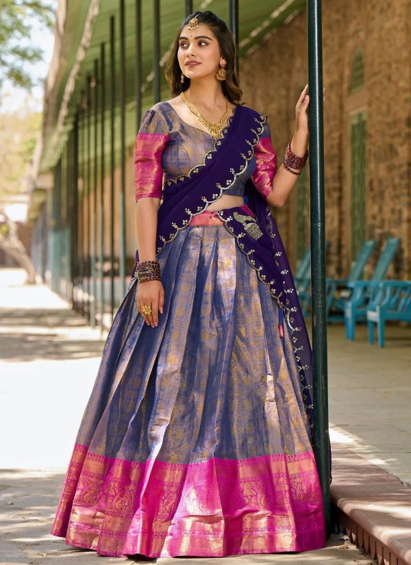 Lorenvalley Blue Kanjivaram Silk Zari Weaving Lehenga Choli with Dupatta For Sale