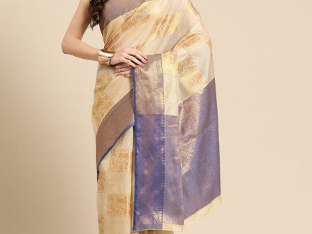 Beige Jute Silk Woven Zari Design Geomatric Saree with Unstitched Blouse - Hiral Fashion Online now