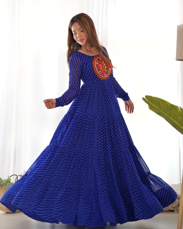 Lorenvalley Women Pure Soft Faux Georgette Leheriya Print Anarkali Gown - Blue Hot on Sale