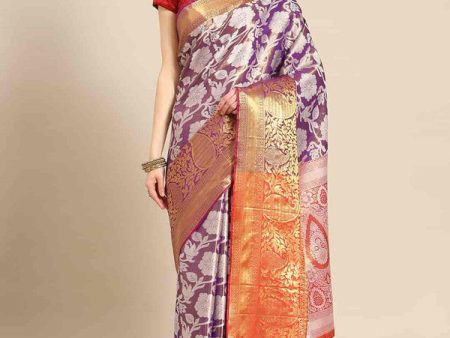 Purple Tissue Silk Woven Zari Design Floral Saree with Unstitched Blouse - Hiral Fashion Sale