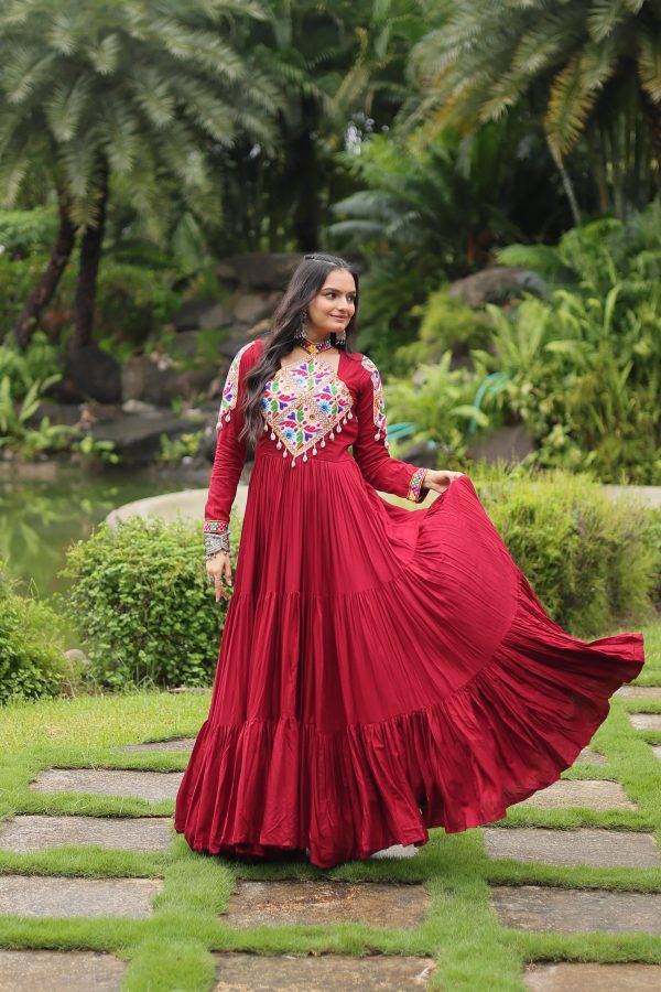 Lorenvalley Maroon Rayon Fabric with Kutchi Gamthi work Gown Cheap