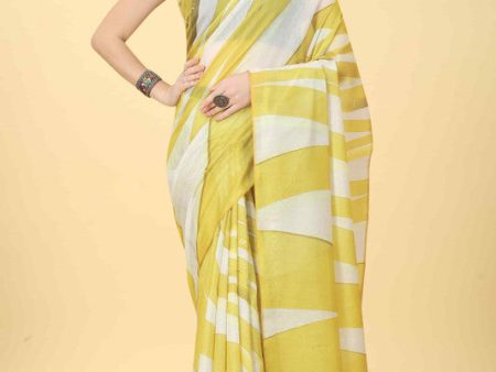 Yellow Cotton Blend Printed Striped Saree with Unstitched Blouse - Hiral Fashion For Cheap