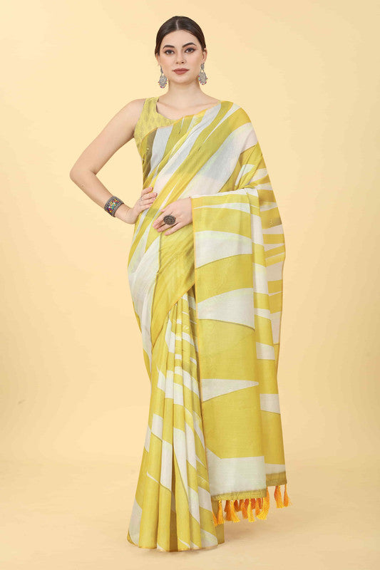 Yellow Cotton Blend Printed Striped Saree with Unstitched Blouse - Hiral Fashion For Cheap