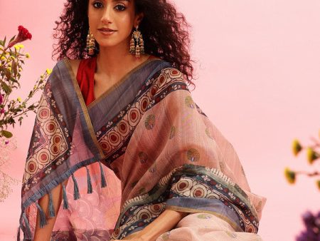 Beige Cotton Blend Printed Madhubani Saree with Unstitched Blouse - Hiral Fashion Online Hot Sale