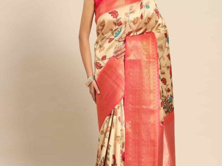 Beige Art Silk Printed Kalamkari Saree with Unstitched Blouse - Hiral Fashion For Discount