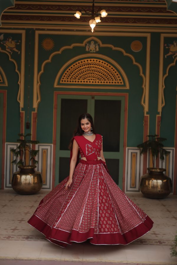 Lorenvalley Maroon Rayon Gota Patti Lace Printed Kali Pattern Lehenga Choli with Dupatta Cheap