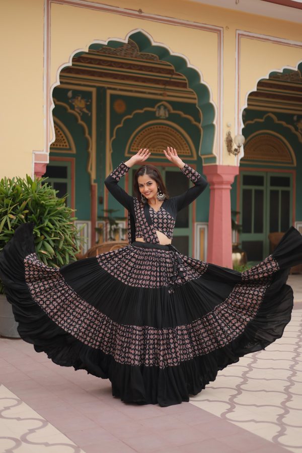 Lorenvalley Black Printed Rayon Navratri Collection Lehenga Choli with Dupatta For Cheap