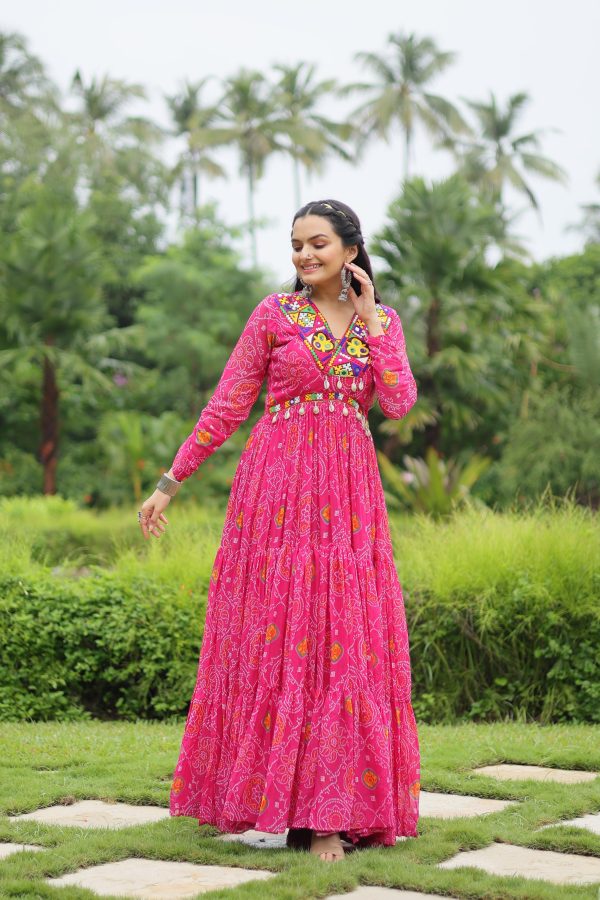 Lorenvalley Pink Faux Georgette Bandhani Print Work With Kutchi Patch Work Gown Online