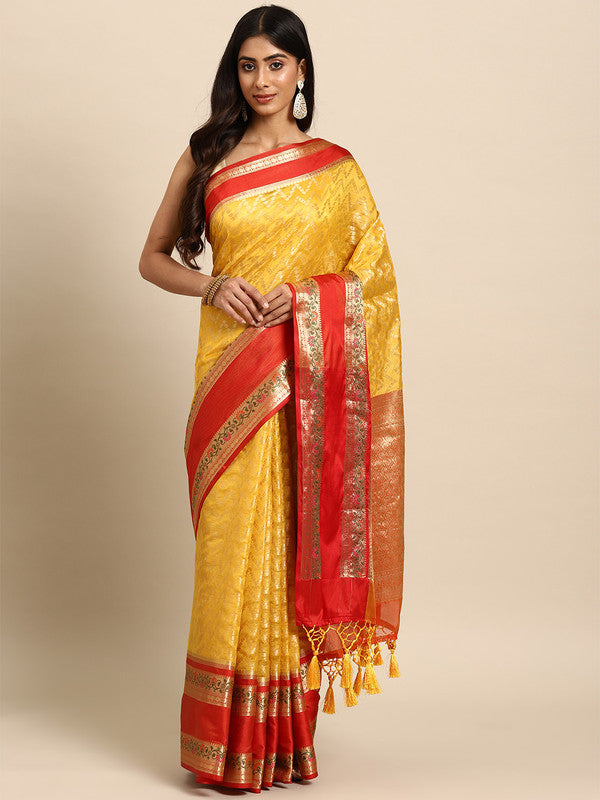 Yellow Silk Blend Woven Zari Design Abstract Saree with Unstitched Blouse - Hiral Fashion Sale