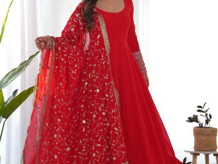 Lorenvalley Women Georgette Anarkali Gown Duppta Full Set With Pent Ready To Wear - Red Supply