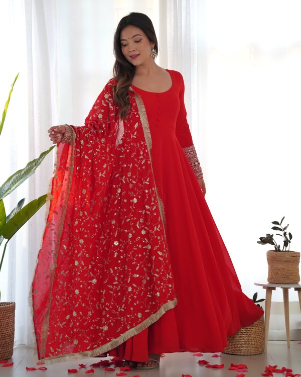 Lorenvalley Women Georgette Anarkali Gown Duppta Full Set With Pent Ready To Wear - Red Supply