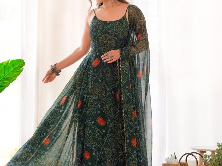 Lorenvalley Women Soft Chiffon Bandhej Fabric Print Fully Flair Anarkali With Pant Dupatta Set - Green Hot on Sale