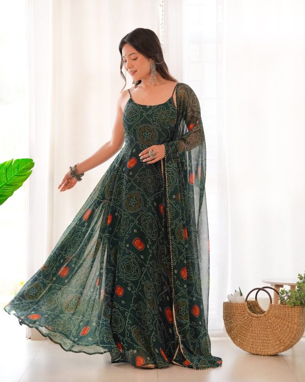 Lorenvalley Women Soft Chiffon Bandhej Fabric Print Fully Flair Anarkali With Pant Dupatta Set - Green Hot on Sale