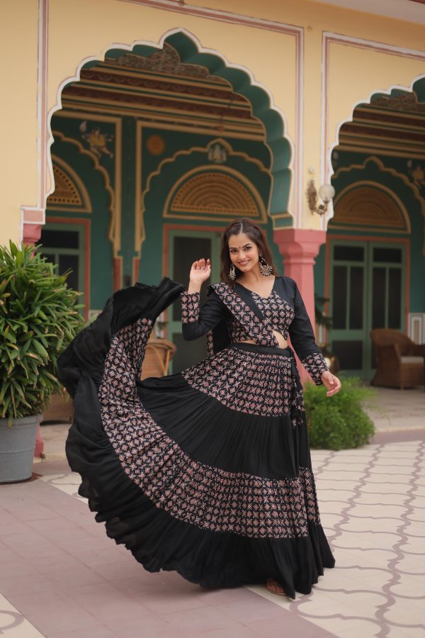 Lorenvalley Black Printed Rayon Navratri Collection Lehenga Choli with Dupatta For Cheap