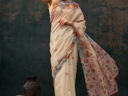 Beige Cotton Blend Digital Print Animal Print Saree with Unstitched Blouse - Hiral Fashion Hot on Sale