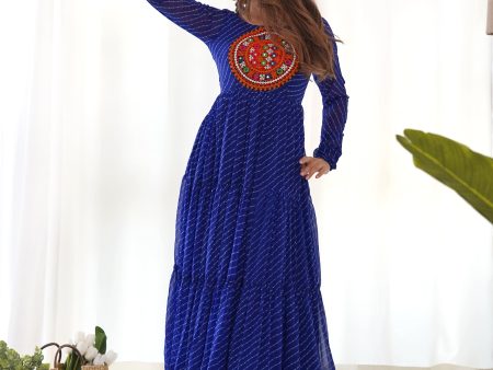 Lorenvalley Women Pure Soft Faux Georgette Leheriya Print Anarkali Gown - Blue Hot on Sale