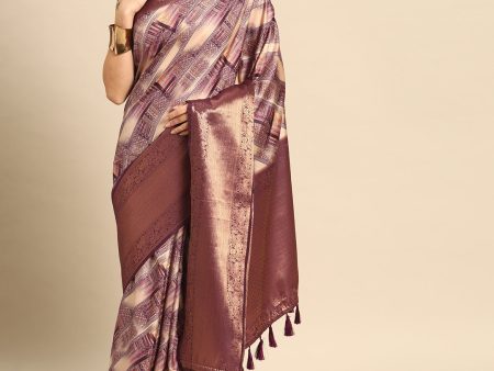 Beige Kanchipuram Silk Digital Print Geomatric Saree with Unstitched Blouse - Hiral Fashion Supply